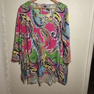 Pleats Collection Women's Paisley Tunic Blouse sz 1X/2X Pink Green
